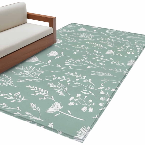 White Teal Spring Floral Living Room Rug 4x6 Washable Area Rug for Bedroom, Non-Slip Dining Room Rugs Summer Flowers Botanical Indoor Carpet for Kitchen Entryway Office Nursery Laundry