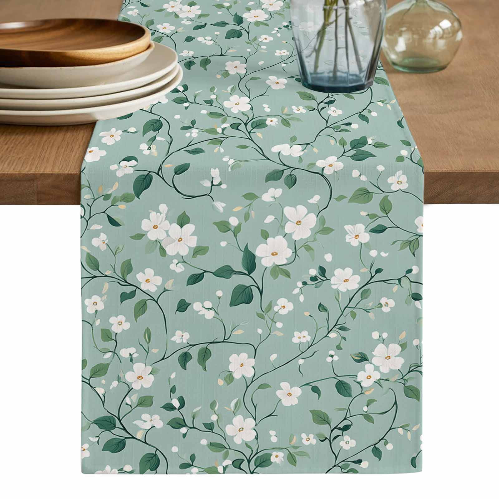 Spring Table Runner 108 White Teal Spring Floral Table Runner, Watercolor Flowers Summer ...
