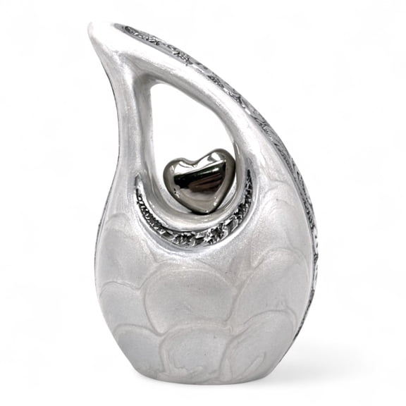 White Teardrop Keepsake Cremation Urn – Engravable Memorial Container with Silver Heart – Elegant Metal Funeral Piece, 3 Cubic Inch Capacity