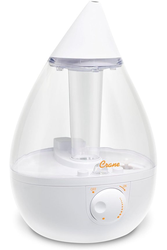 White Teardrop Ultrasonic l Mist , 1 Gallon Auto Shut-Off for Large Room, Baby Nursery, Bedroom Office, Clear & White