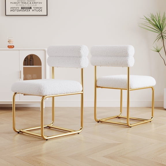 White Teddy Fabric Circular Thick Cushioned Dining Chairs Set of 2 Mid Century Modern Minimalist Sturdy Comfortable