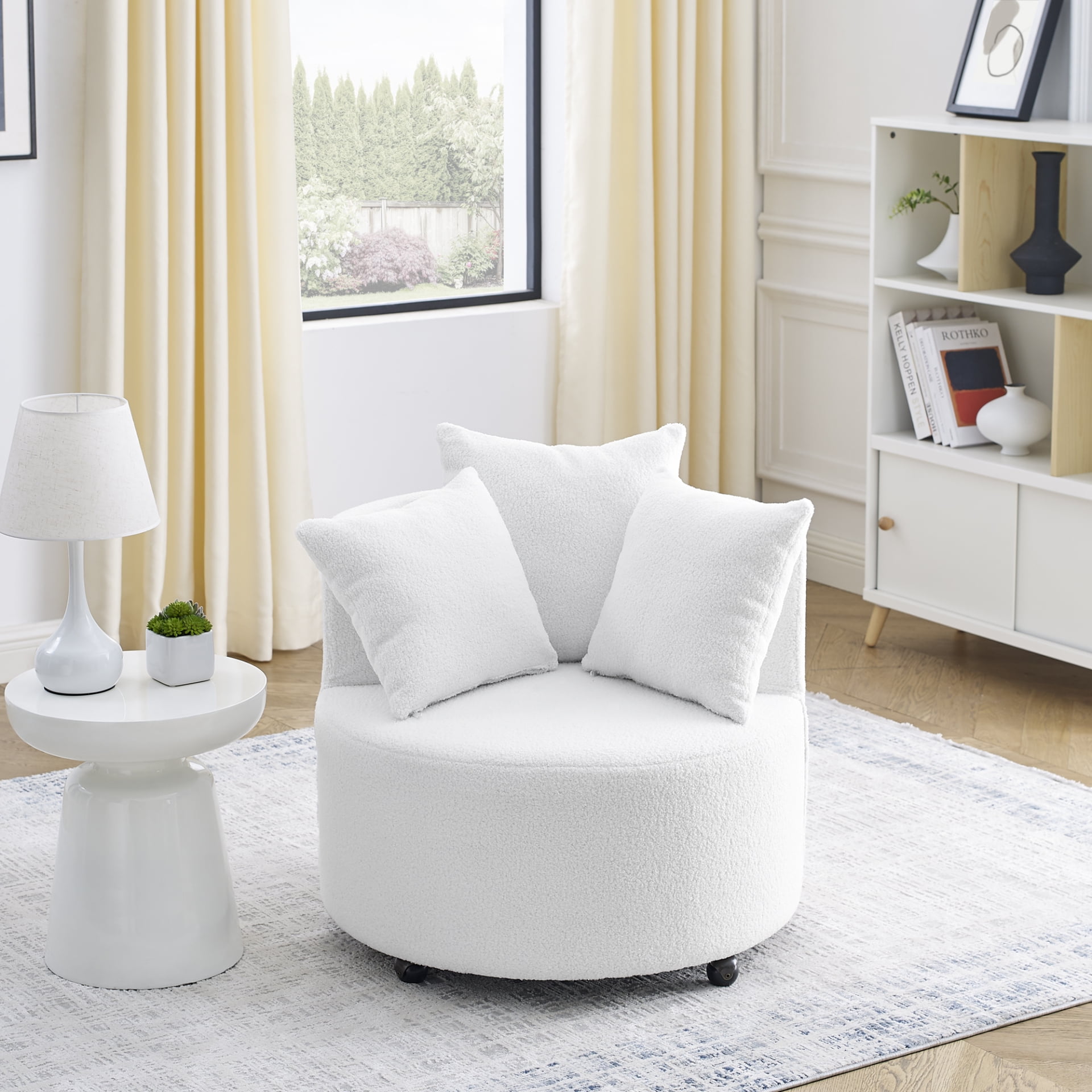 White Teddy Fabric Swivel Accent Lounge Chair with Wheels Plush