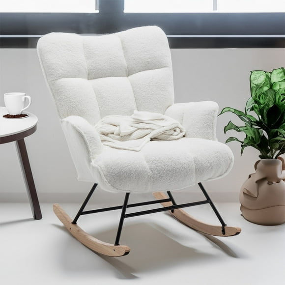 White Teddy Rocking Chair, with High Backrest and Padded Seat for Living Rooms, Bedrooms, Offices
