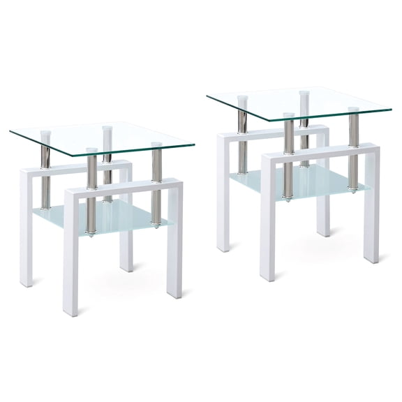 White Tempered Clear Glass End Table for Small Space Living Room Waterfall Edges