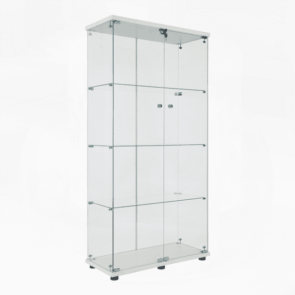 White Tempered Glass Display Cabinet with 4 Shelves - Solid Wood Accents, 64.56 H Storage for Collectibles & Decor