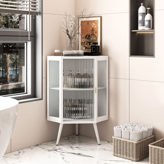 White Tempered Glass Door Corner Cabinet - 22.44" For Bedroom, Bathroom, Living Room, Elegant & Space Floor With Storage In For Stylish