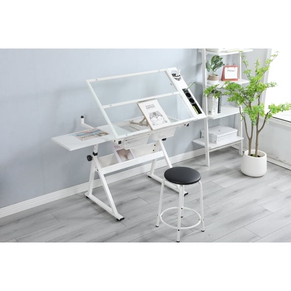 White Tempered Glass Drafting Table Chair - 0-75 Degrees Adjustable Angle, Feet, Storage For Artistic Work & Office Supplies Package Top, 31.5"-49.5" Height, Slip Drawing Equipment