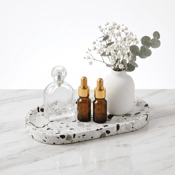 White Terrazzo Stone Vanity Tray for Bathroom Counter, 10"x5" Decorative Tray for Bathroom Vanity, Candles, Stone Jewelry Dish Tray