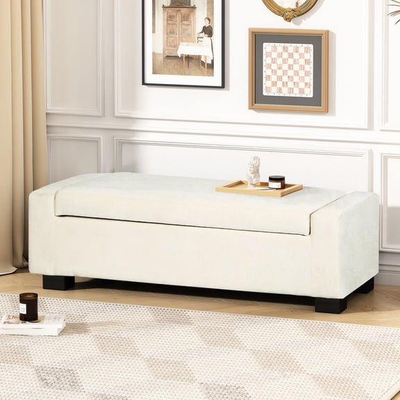 White Textured Fabric Bench 50" - Living Room, Bedroom, Entryway Hidden Storage, Seating, Footrest, , Birch Legs Improvement