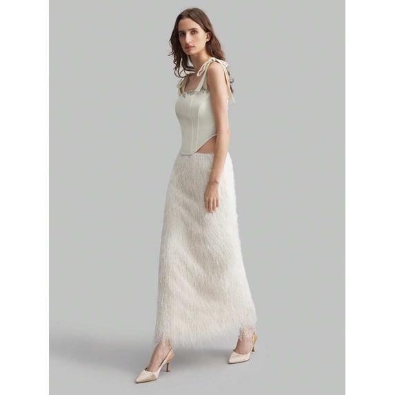 White Textured Feather Fringe Maxi Skirt For Evening Party Wedding Guest