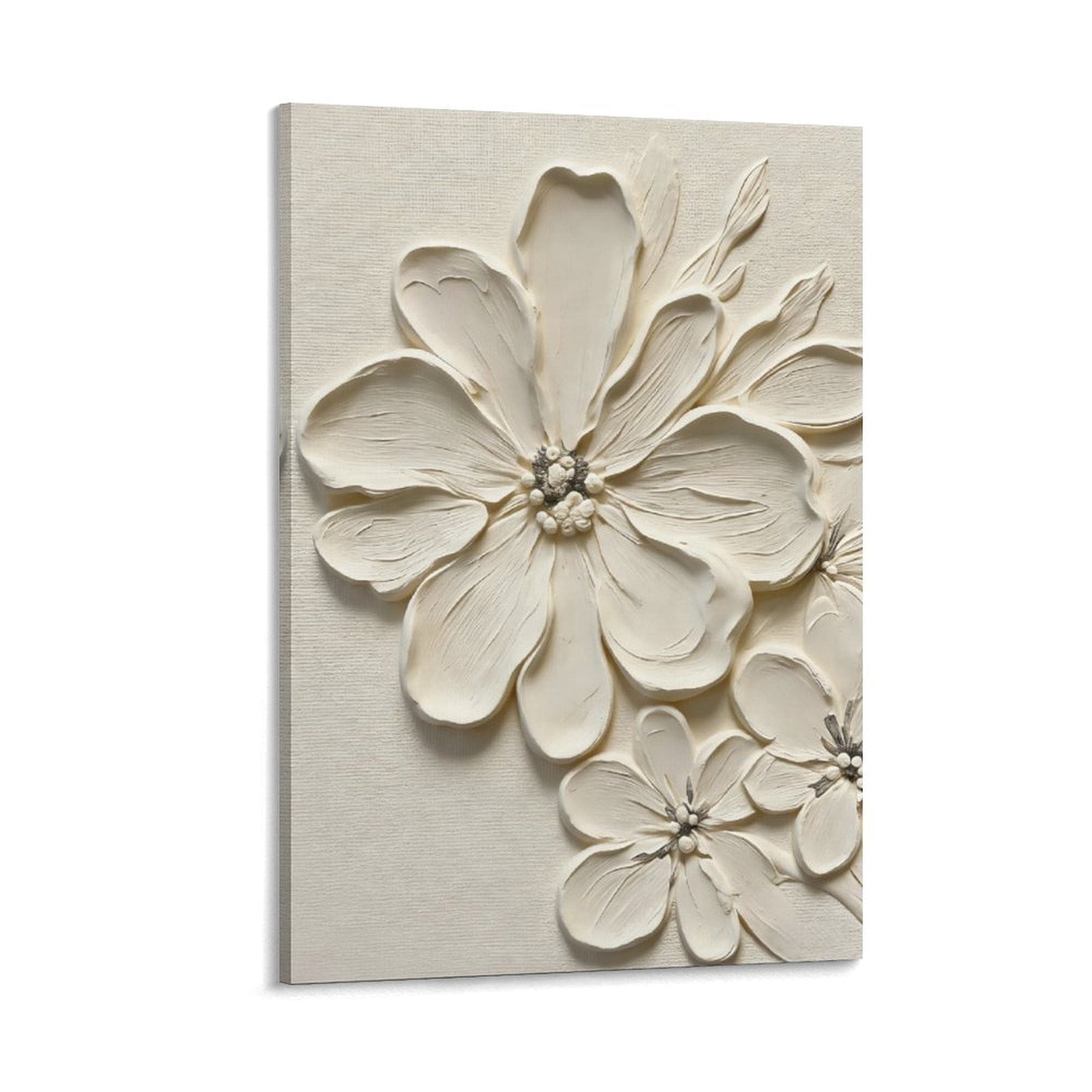 White Textured Flower Canvas Wall Art, Neutral Floral Abstract Print ...