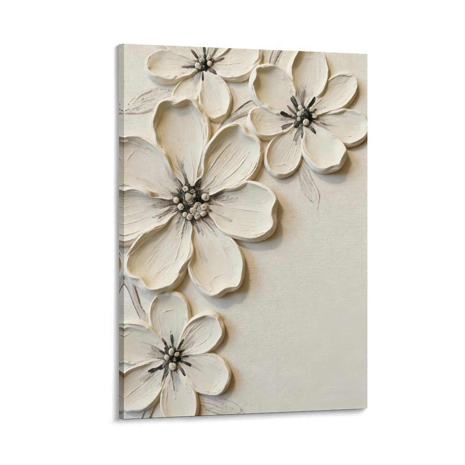 White Textured Flower Canvas Wall Art, Neutral Floral Abstract Print ...