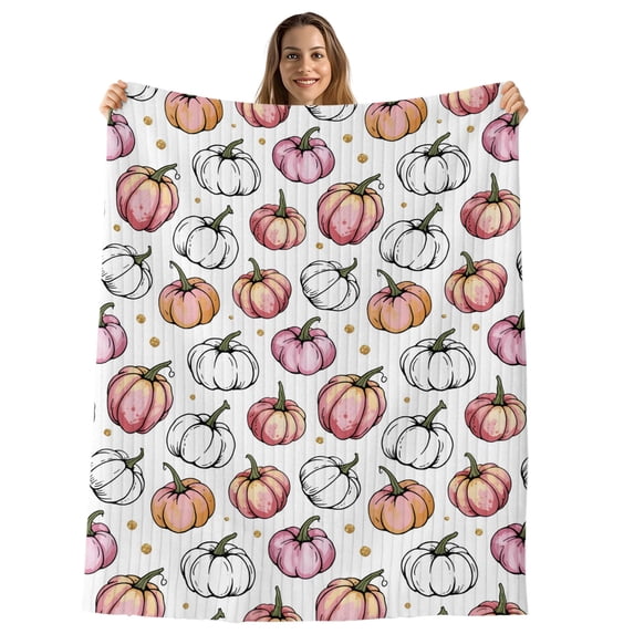 White Thanksgiving Throw Blanket, Flannel Fleece Blanket with Striped Design for Couch, Pink Pumpkins Abstract Farmhouse Soft Breathable All Season Plush Blankets for Sofa Office Chair 30"x40"