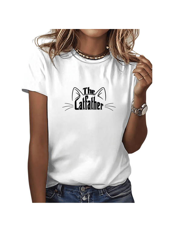 White The Catfather Cat Ear Whiskers Funny Cat Dad Novelty Gift Tshirt Graphic Tees Shirts Tops S-5XL