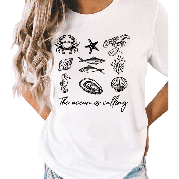 White The Ocean Is Calling Marine Life Print T-Shirt Graphic Tees Shirts Beach Streetwear S-5XL Mystical Tops