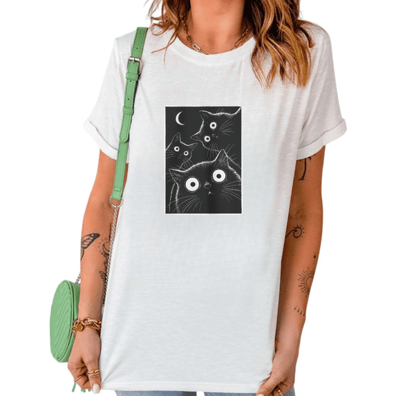 White Three Black Cats With Crescent Moon Graphic Print Tshirt Graphic Tees Shirts Whimsical Gothic Casual Tops S-5XL