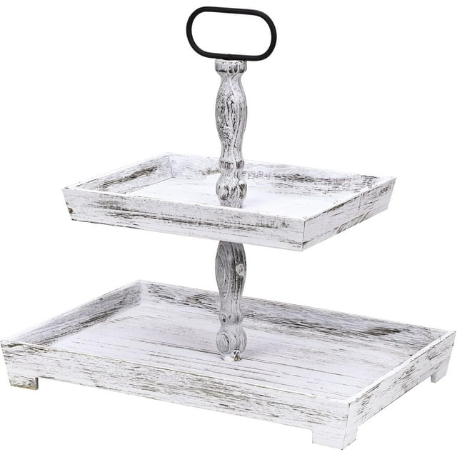White Tiered Tray, Stand Farmhouse Decor Wood Two Tier Tray ,for Farmhouse Kitchen Coffee