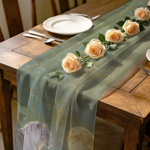 White Tiger 10 ft Cheesecloth Table Runner for Wedding 27"x120", Bright Moon Fantasy Lake Watercolor Ripple Kitchen Dinner Sheer Tulle Chiffon Dresser Scarf, Holiday Party Decorations