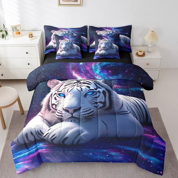 White Tiger 7 Pieces Bedding Set King,Purple Blue Starry Glitter Galaxy Mystic Bed in a Bag for Adults,Natural Wild Animal Universe Wildlife Trippy Comforter Set with Sheets,Pillow Covers