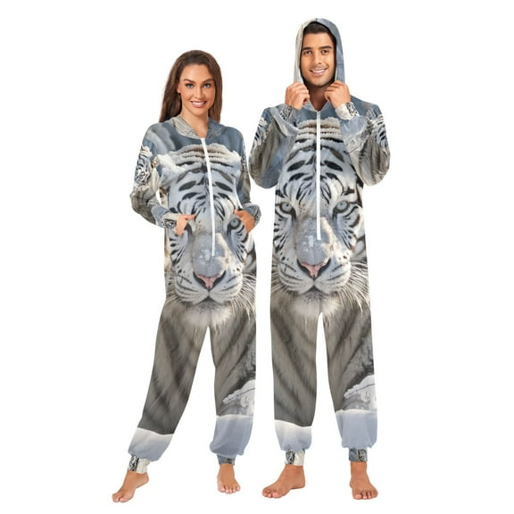 White Tiger Adult Onesie Pajamas Slim Fit Christmas One Piece Suit Pjs for Women and Men Hooded Zipper