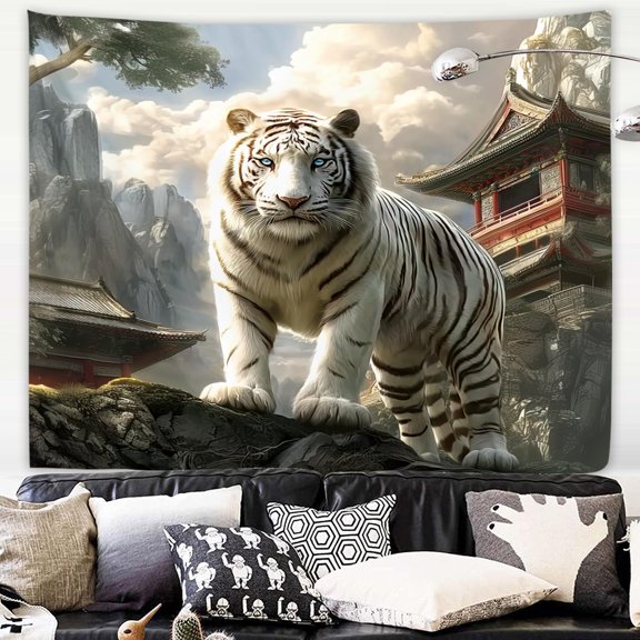 White Tiger Animal Tapestry 59W by 51H Inch Wall Hanging Cool Majestic Wildlife Man Bedroom Living Room Dorm Polyester Fabric Home Decor