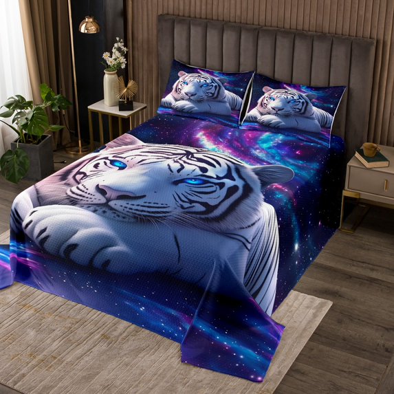 White Tiger Bedspread Quilt,Purple Blue Starry Glitter Galaxy Mystic Bedding Coverlet for All Season,Natural Wild Animal Universe Wildlife Trippy Twin Size Coverlet Set with 1 Pillow Sham