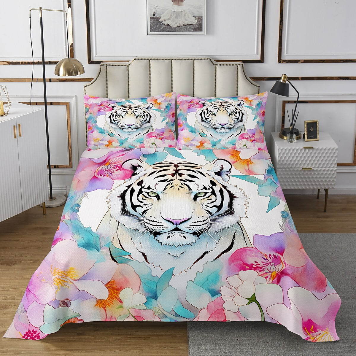 White Tiger Bedspread Set Floral Tiger Print Quilt Set King, Watercolor 