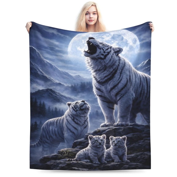 White Tiger Blanket Moonlit Mountain Wildlife Majestic Wild Cat Soft Cozy Throw Blanket for Couch Bed Fathers Day Gift 50x40