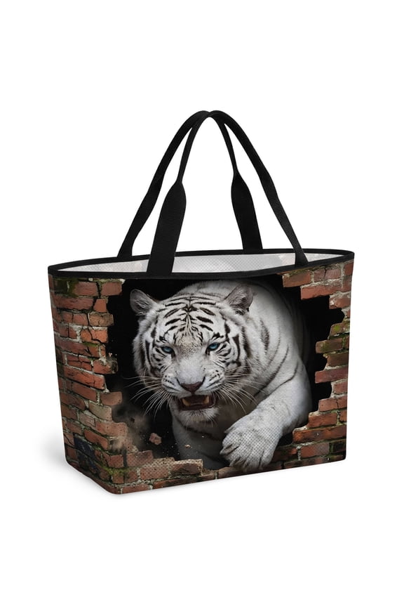 White Tiger Broken Wall Beach Bag for Women, Large Breathable Mesh Beach Tote Bag, Vintage Funny Animals Grey Sandproof Lightweight Travel Bags for Vacation Picnic Swimming Pool 15.7"x15.7"x9.1"