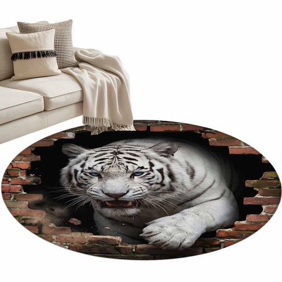 White Tiger Broken Wall Round Rug 3ft Washable Circle Entryway Rugs Non Slip Vintage Funny Animals Grey Area Rug Indoor Floor Carpet for Bedroom Kitchen Living Room Home Office Dining Room Nursery