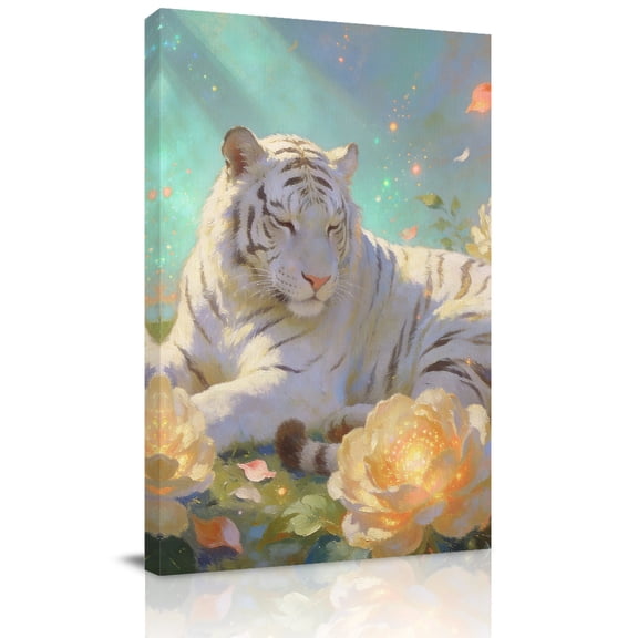 White Tiger Canvas Wall Art for Living Room, Watercolor Cute Forest Animals Fantasy Flowers Poster Print Painting for Bedroom Office Home Decoration Wall Pictures Prepare To Hang 24"x36"