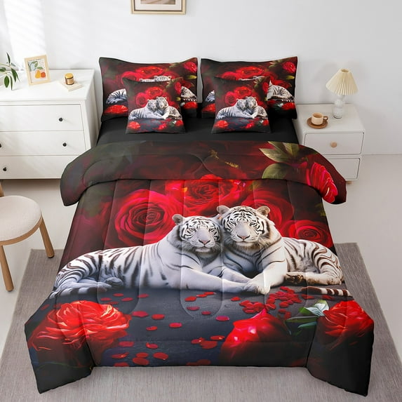 White Tiger Comforter Set 7 Piece Bed in a Bag Twin,Red Rose Bedding Sets Big Cat African Safari Animals Fitted Sheet,Romantic Flowers Wild Animal Sheet Set with Comforter