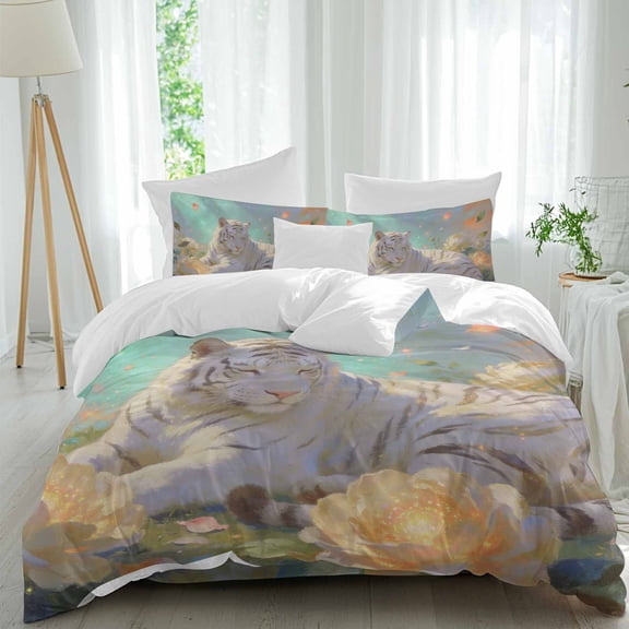 White Tiger Comforter Set California King Size, Watercolor Cute Forest Animals Fantasy Flowers Soft Bedding Set for Man Woman, 4 Pieces Duvet Cover Set with Fitted Sheet, 2 Pillowcases