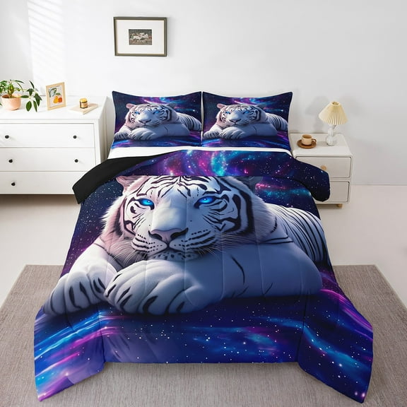 White Tiger Comforter Set Full Size 3 Pcs,Purple Blue Starry Glitter Galaxy Mystic Bedding Set,Natural Wild Animal Universe Wildlife Trippy Quilt Set for Teens Bedroom,2 Pillowcases