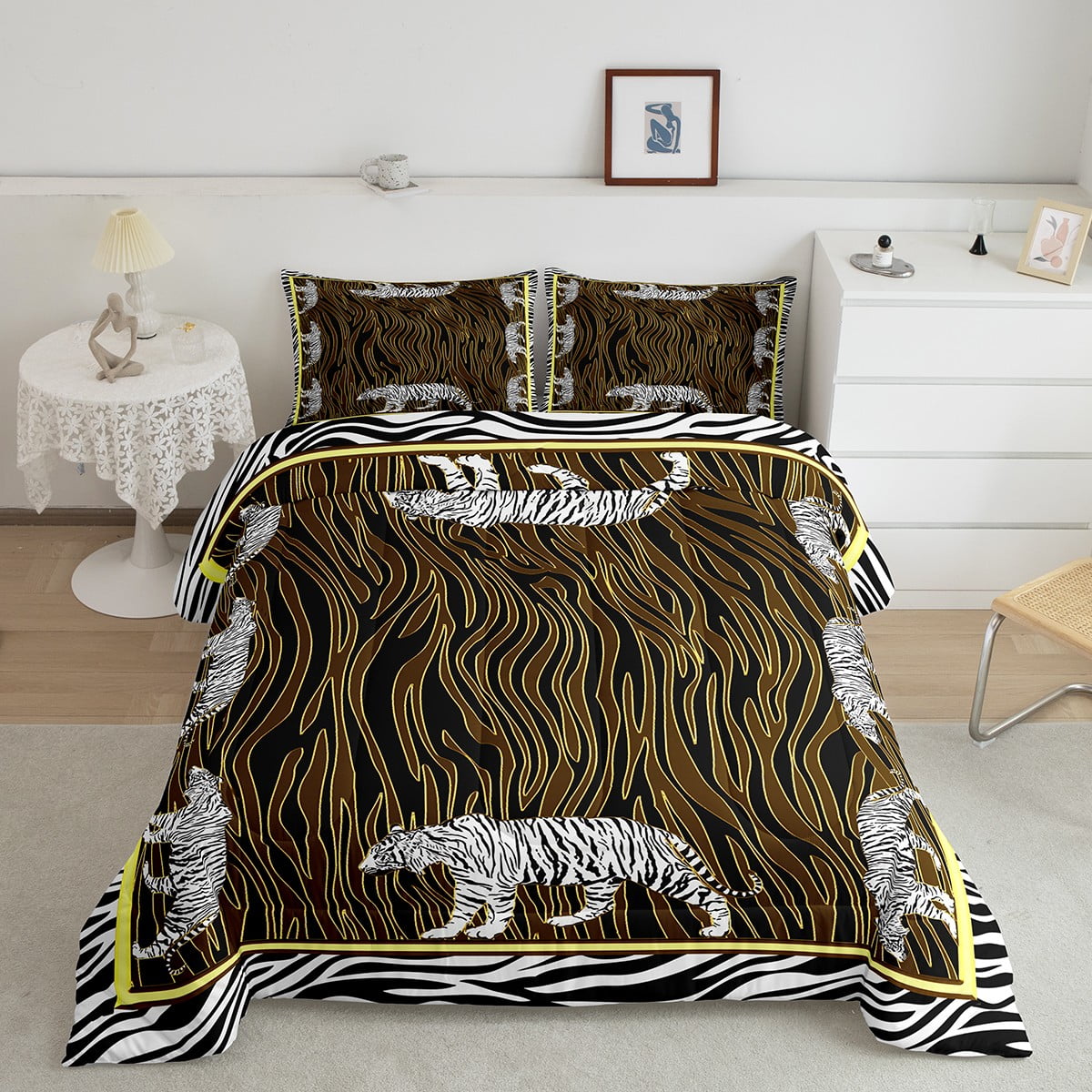 White Tiger Comforter Set Twin Zebra Print Bedding Set for Women Men