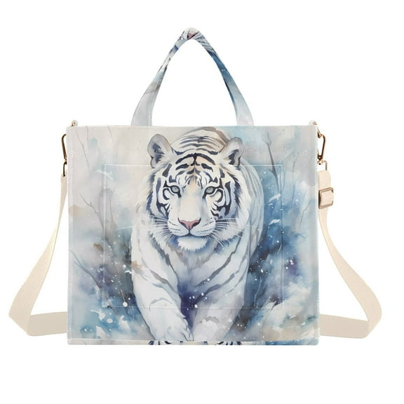 White Tiger Corduroy Tote Bag Handbag Large Messenger Bag Shoulder Crossbody Zipper Bag Purse