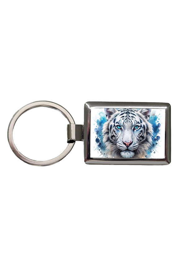 White Tiger Face Watercolor Metal Rectangle Keychain