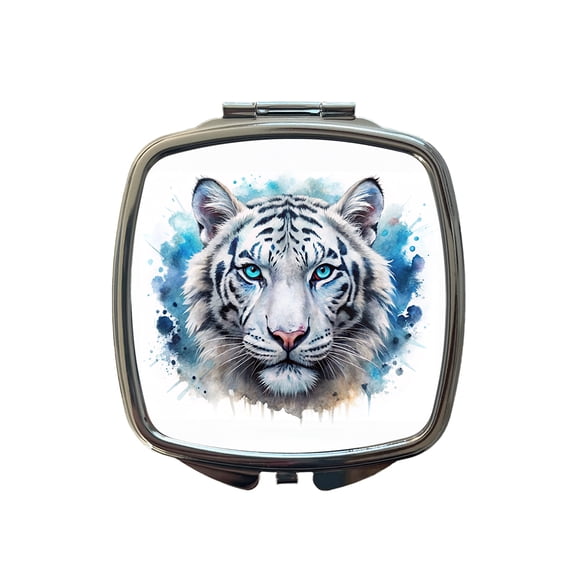 White Tiger Face Watercolor Travel Makeup Handbag Purse Small Pocket Compact Mirror