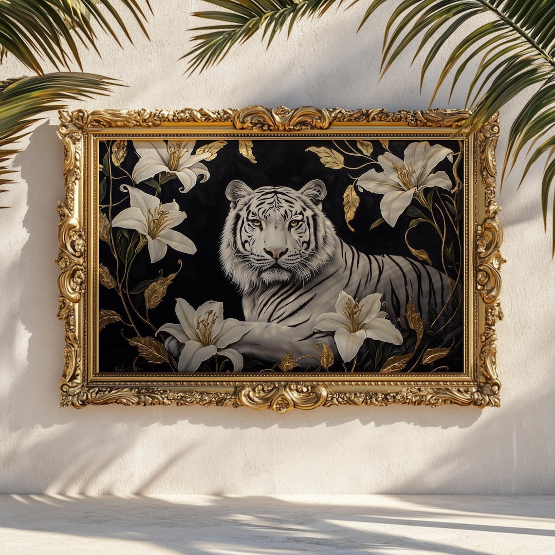 White Tiger Floral Wall Art Elegant Gold Luxury Lily Decor Botanical ...