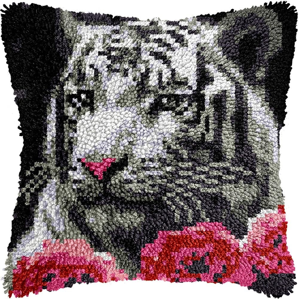 White Tiger & Flowers Latch Hook Kits Pillow DIY Pillowcase Crochet Hook Cushion Making Kits with Preprinted Pattern Canvas Instruction Yarns Pillow Cover Easy Starter DIY Crochet Kits 43x43cm（L63)