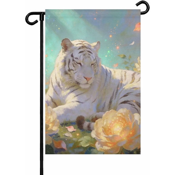 White Tiger Garden Flag, Watercolor Forest Animals and Flowers, 12 x 18 Inch Double-Sided Weatherproof Yard Flag for Outdoor Patio Lawn Decor
