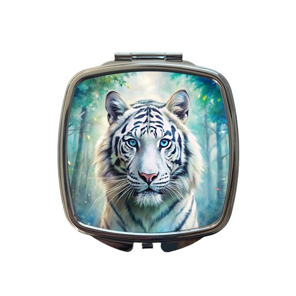 White Tiger In Forest Watercolor Travel Makeup Handbag Purse Small Pocket Compact Mirror