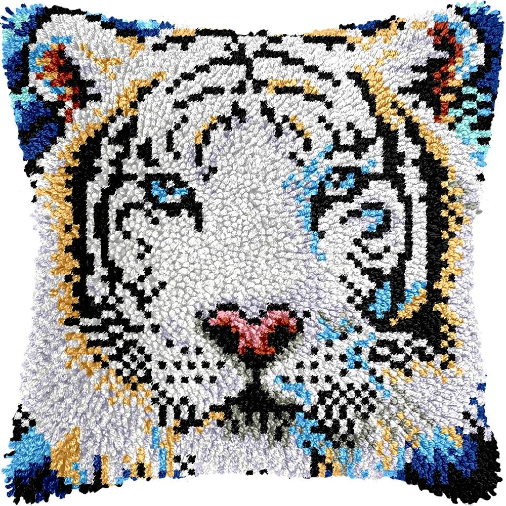 White Tiger Latch Hook Kits Pillow kits Cushion Throw Pillow Embroidery Craft Kits DIY Kits of DIY Hooking Pillowcase Cover Supplier with Color Printed Canvas 43x43cm (111)