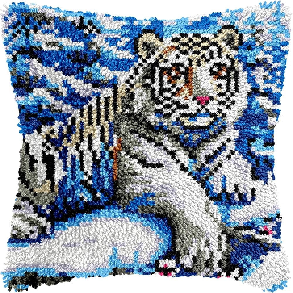 White Tiger Latch Hook Kits Pillow kits Cushion Throw Pillow Embroidery Craft Kits DIY Kits of DIY Hooking Pillowcase Cover Supplier with Color Printed Canvas 43x43cm (45)