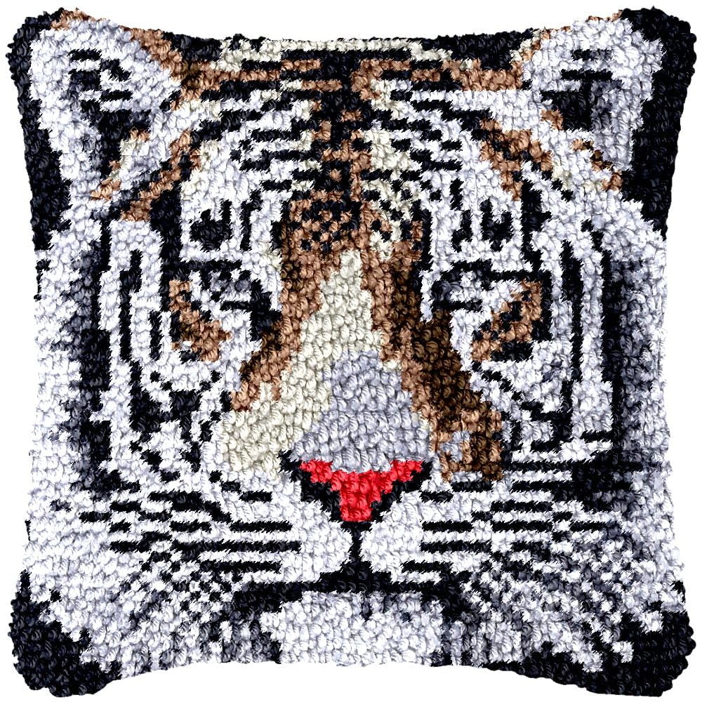 White Tiger Latch Hook Pillow Cover Kits for Needlework Cushion Throw Pillow Cross Stitch Crochet Hook Pillowcase Rug Kits Printed Canvas Crochet Yarn Kits Needlework 17'' X 17''