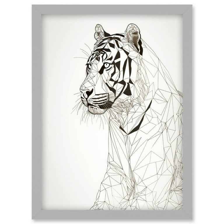 White Tiger Line Drawing Polygon Stripes Pattern Artwork Framed Wall Art  Print A4 