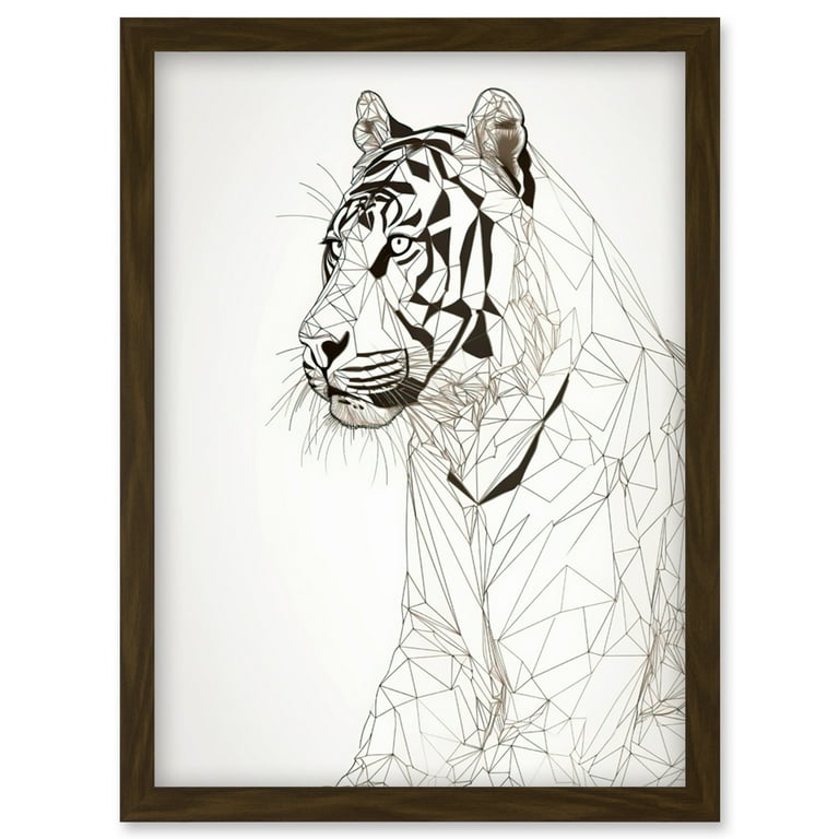 White Tiger Line Drawing Polygon Stripes Pattern Artwork Framed Wall Art  Print A4 