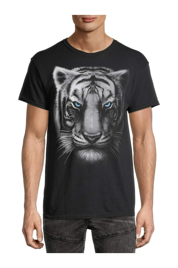 Men's Black and White Tiger Head Black Relaxed Fit Short Sleeve Graphic T-Shirt
