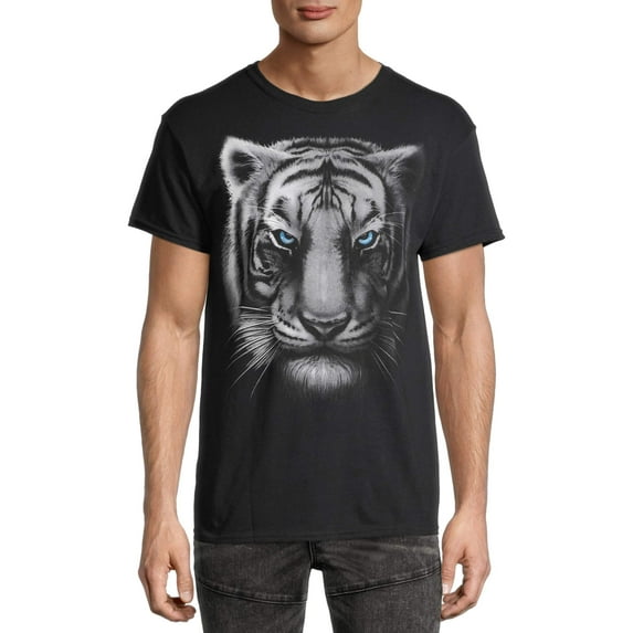 Teelocity Men's Black and White Tiger Head Black Relaxed Fit Short Sleeve Graphic T-Shirt