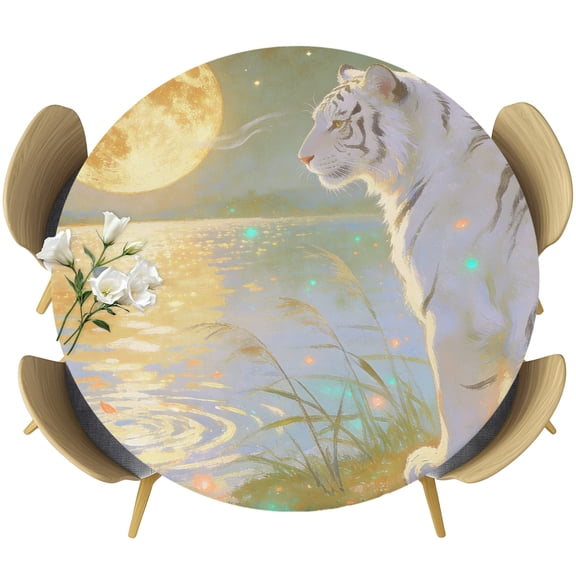 White Tiger Moon Night Round Tablecloth 36-44 Inch Round Fitted Table Cloth with Elastic Edge, Abstract Art Lake Aesthetic Waterproof Table Cover Protector for Outdoor Picnic Party Dining